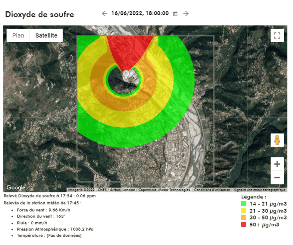 Dioxyde de soufre en temps réel avec carte de concentration et zones d'alerte.