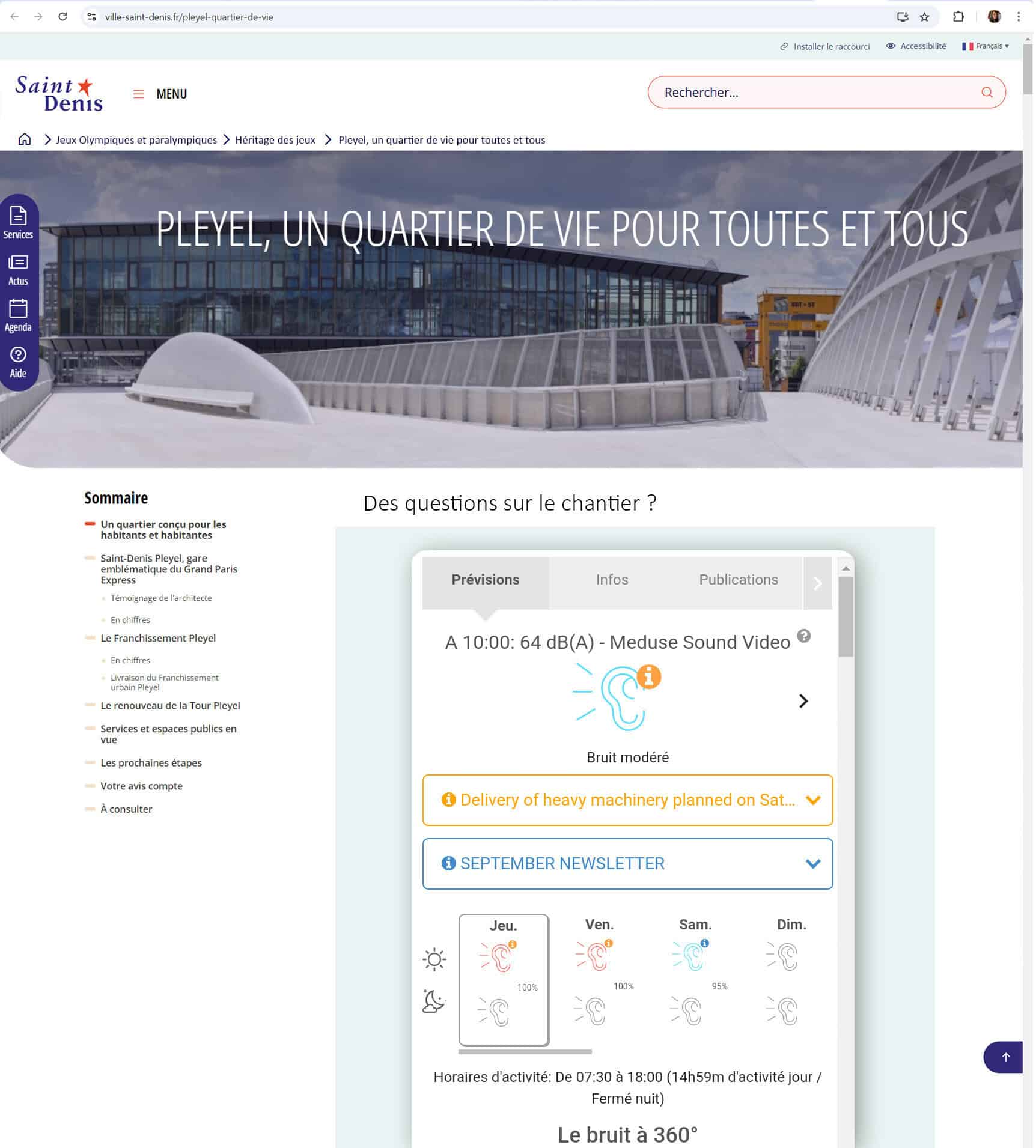 Vue du chantier du Grand Paris Express avec météo en temps réel.