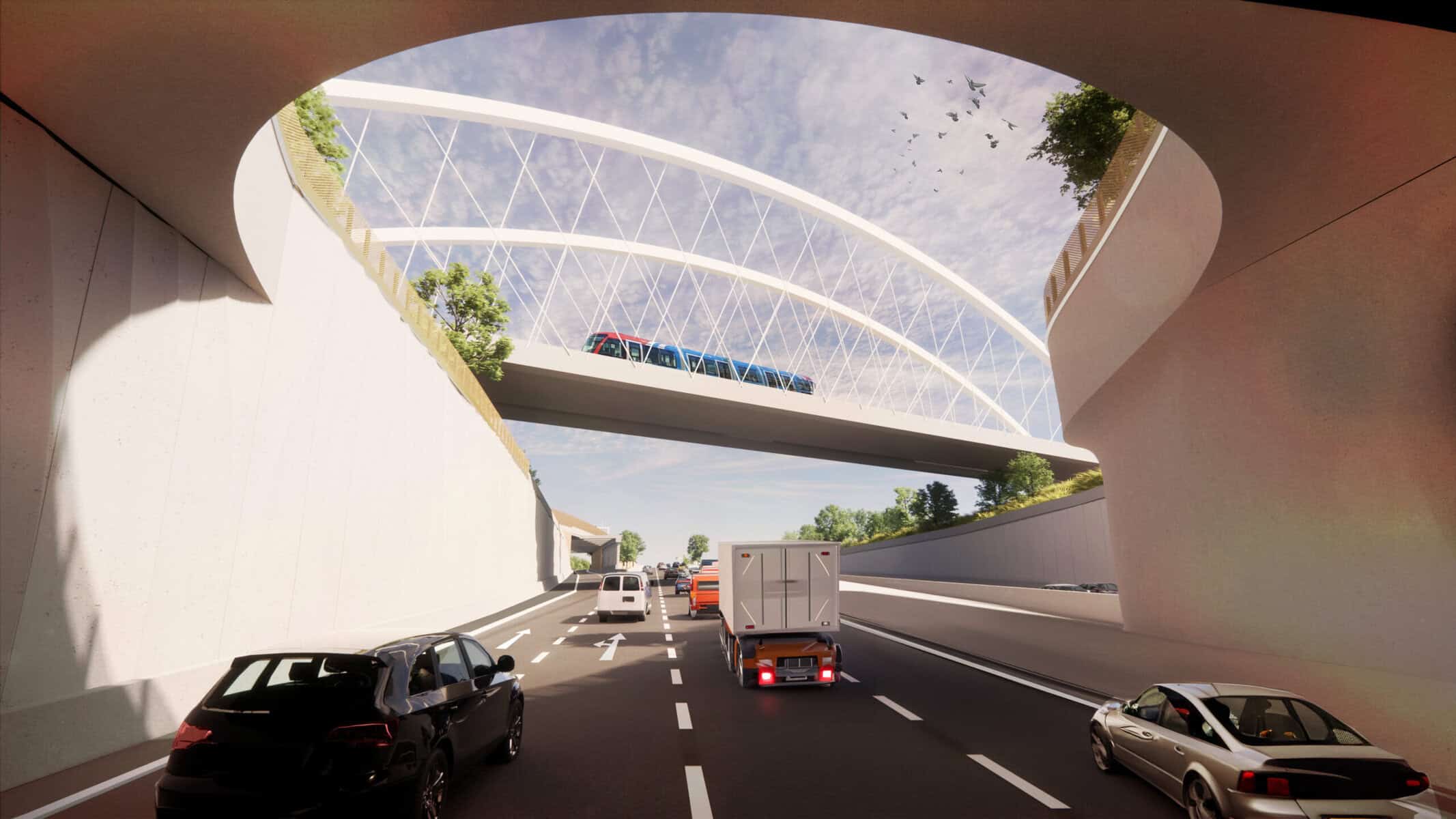 Panneau de pont futuriste au-dessus de l'autoroute avec véhicules en circulation.