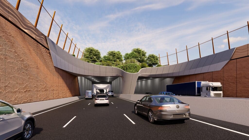 Porte d'entrée d'un tunnel routier moderne avec véhicules en circulation, conception architecturale.