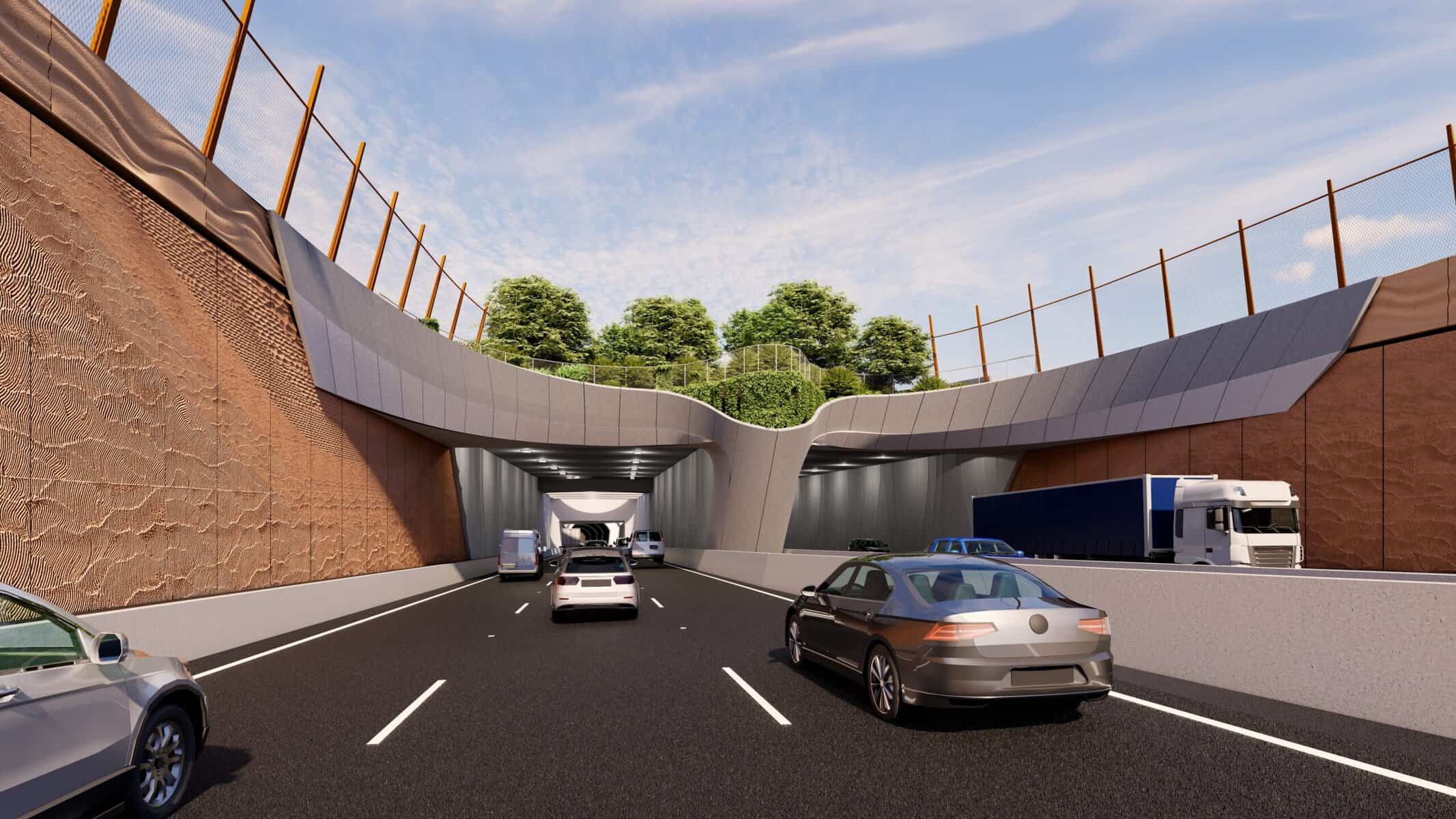 Porte d'entrée d'un tunnel routier moderne avec véhicules en circulation, conception architecturale.