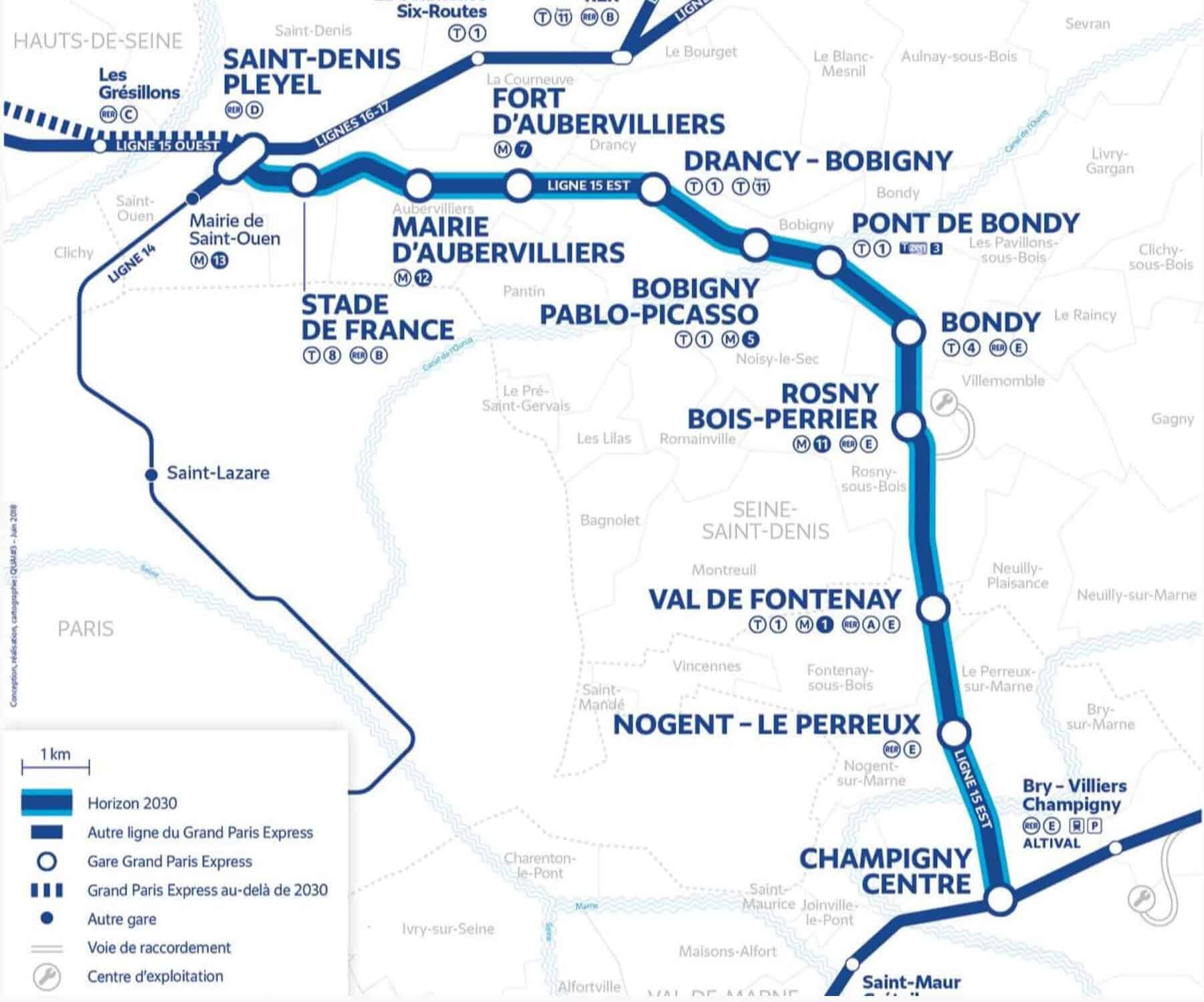 Ligne 15 Nord-Est du Grand Paris Express en construction, illustration du tracé et des stations.