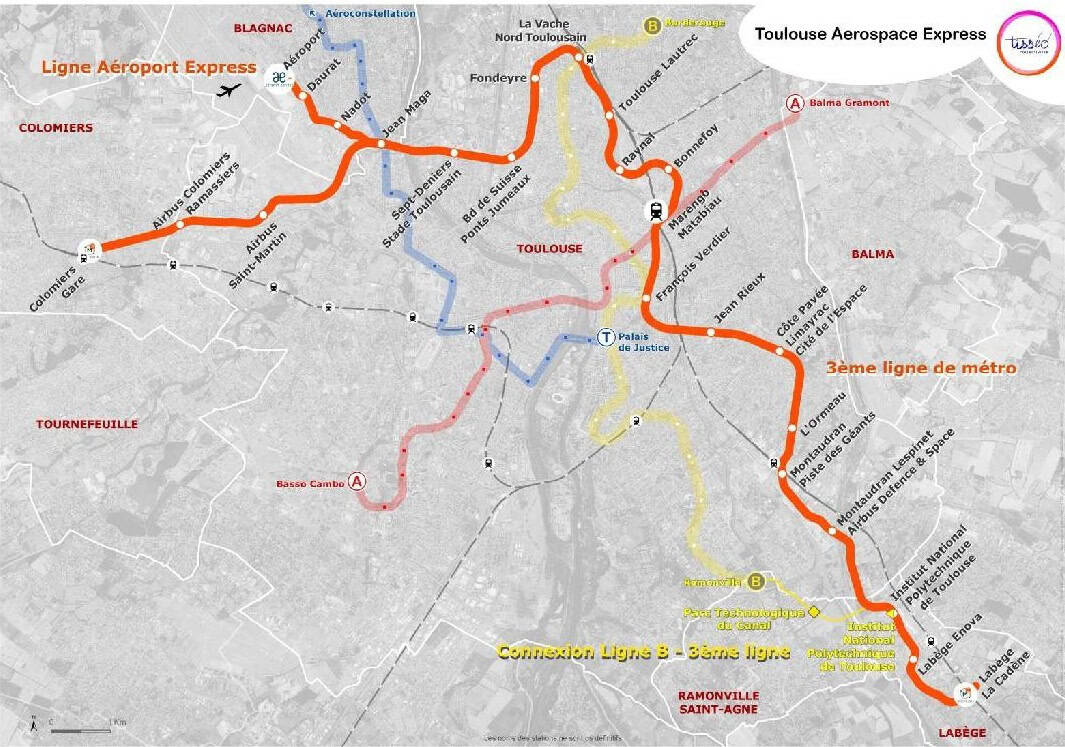 Ligne 3 du métro de Toulouse, plan du réseau avec stations et correspondances.