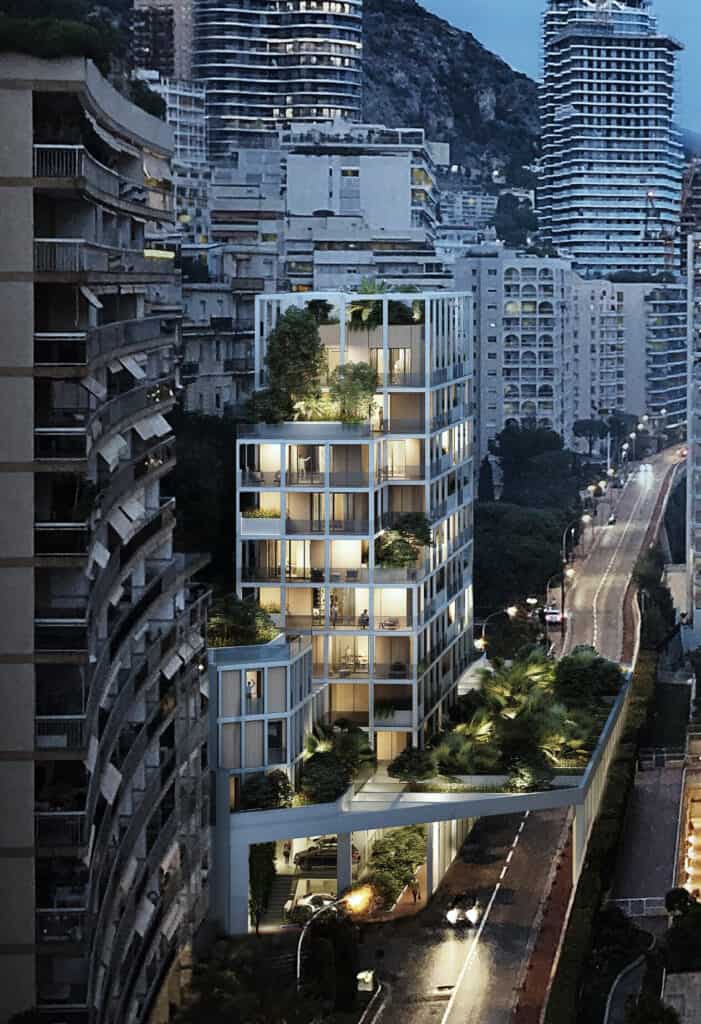 UBY modern building with green terraces in Monaco, during construction phase.