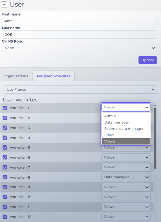 Capture d'écran de la gestion des droits