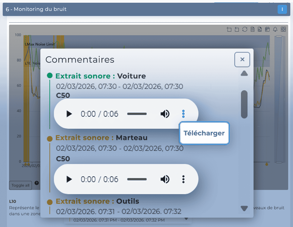 Visuel sur la plateforme des enregistrements audios que l'on peut réécouter et enregistrer