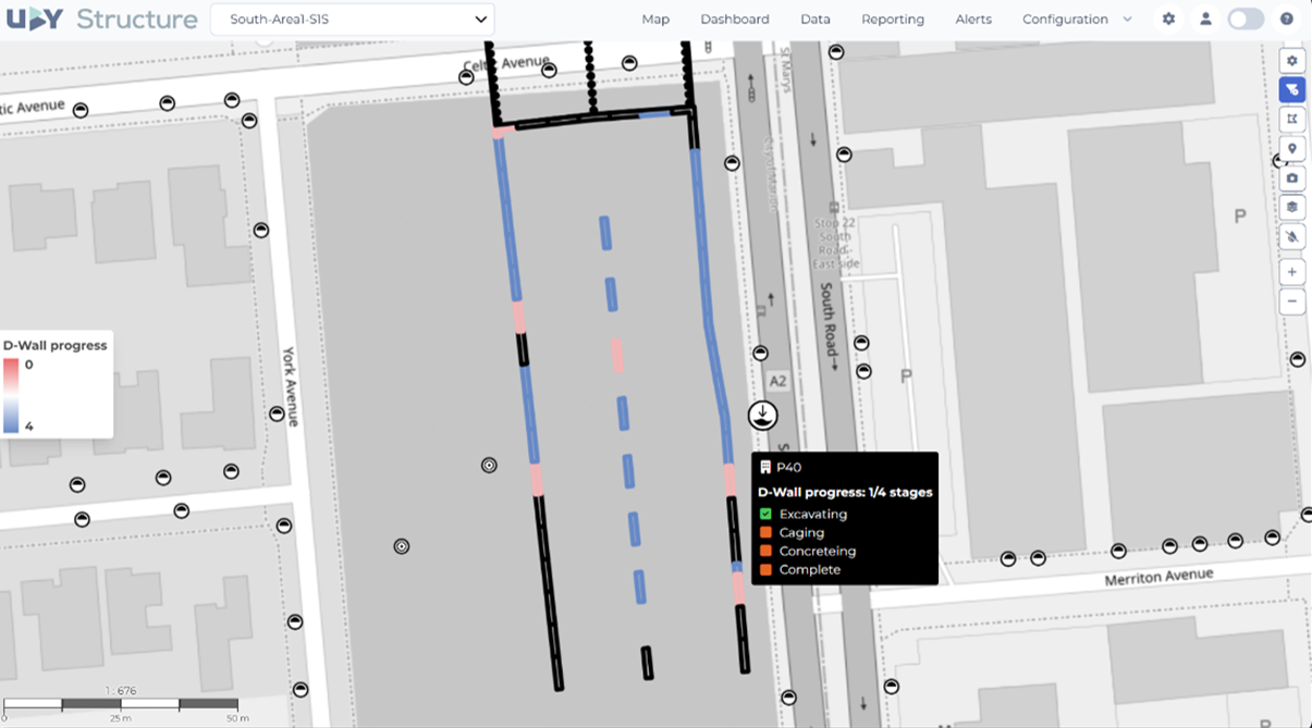 Code couleur en place sur plan : de rouge = pas commencé à bleu = fini