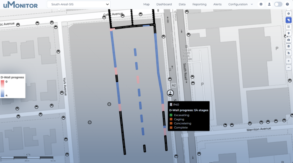 Panneau de monitoring géotechnique et structural avec uMonitor pour le suivi des travaux.