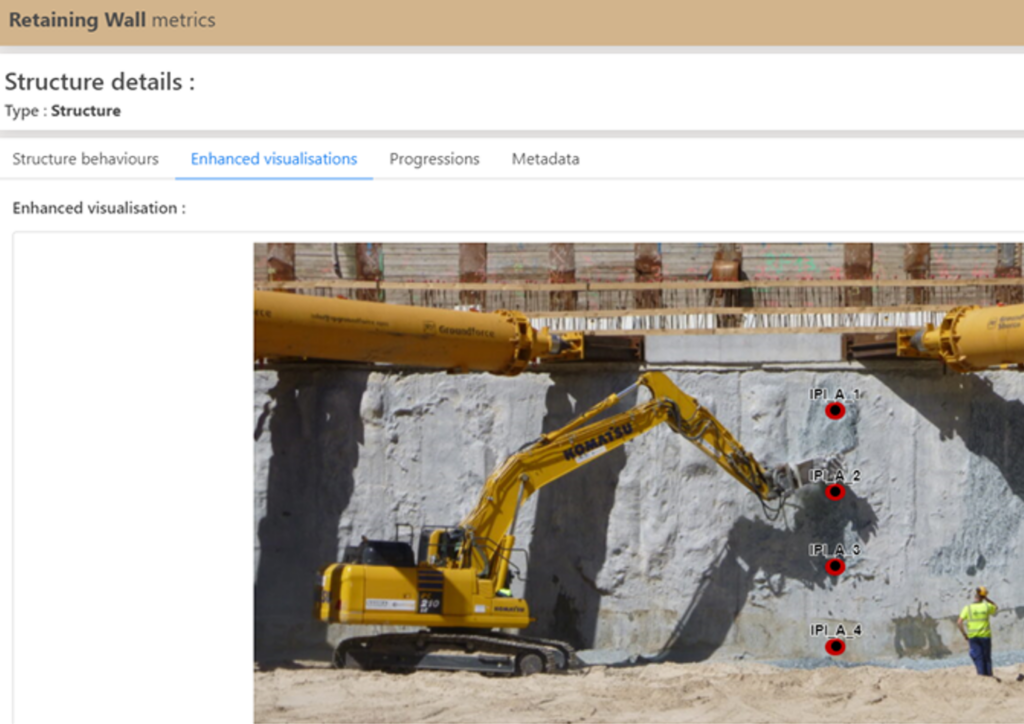 Photos d'un engin de chantier le long d'un mur, avec l'emplacement des capteurs visibles