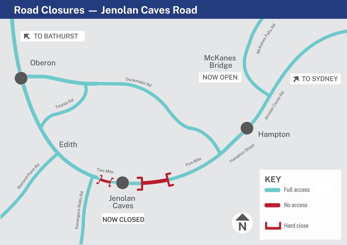 Jenolan Caves Roadworks Map With 2 Mile Road & 5 Mile Road closed off
